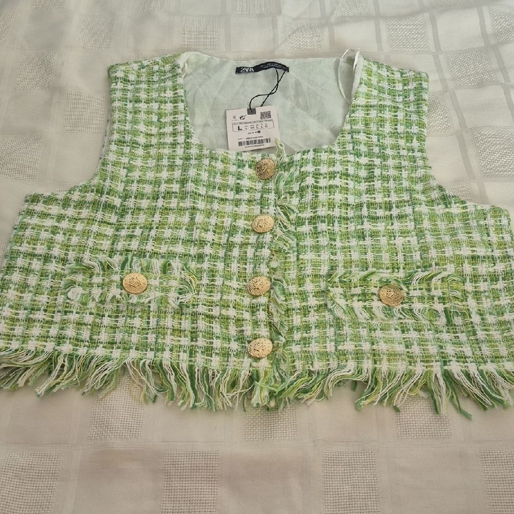 Zara Green and White Tweed Buttoned Blouse - Picture 14 of 16
